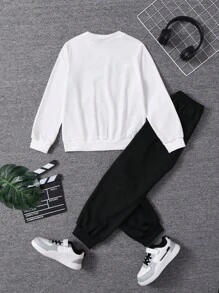SHEIN Adolescent Garçon Football Imprimé Sweat-shirt & À Bande Contrastante Pantalon De Survêtement