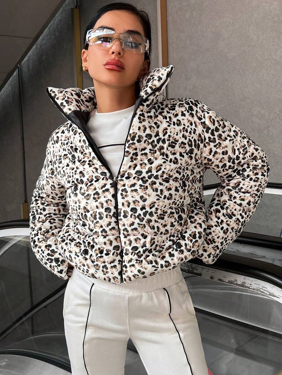 EURMUSE Leopard Print Zip Up Puffer Coat - Multicolor - View 1