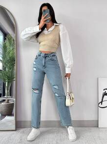 EURMUSE High Waist Ripped Mom Fit Jeans