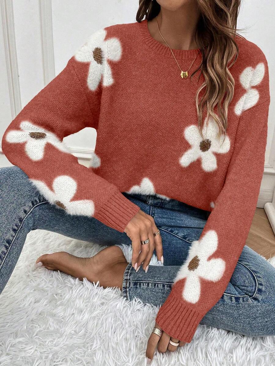 SHEIN LUNE Floral Pattern Drop Shoulder Sweater,Long Sleeve Tops Knit Pullover Fall Winter Sweater - Rust Brown - View 1