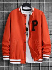 Manfinity Homme Men Letter Patched Striped Trim Drop Shoulder Varsity Jacket - Orange - View 3