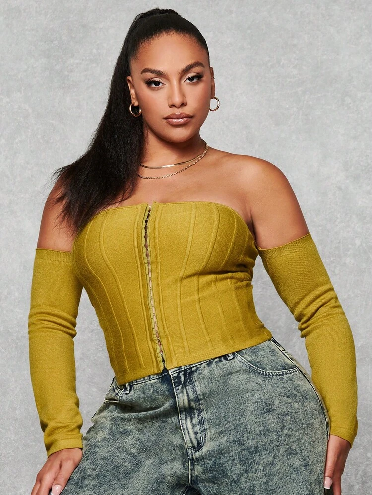 Plus Off Shoulder Hook and Eye Front Sweater