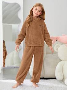 SHEIN Tween Girl Letter Embroidery 3D Ears Design Hooded Flannel Top & Pants PJ Set