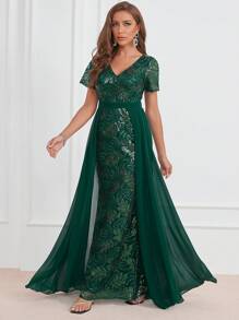 網紗覆蓋亮片正式洋裝 - 墨綠色 - 查看 1