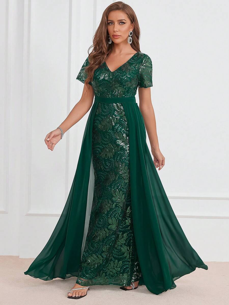 網紗覆蓋亮片正式洋裝 - 墨綠色 - 查看 1