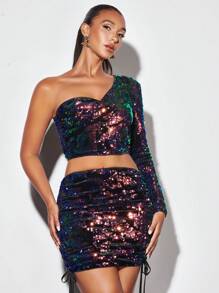 SHEIN BAE Christmas One Shoulder Sequin Crop Tee - Multicolor - View 1