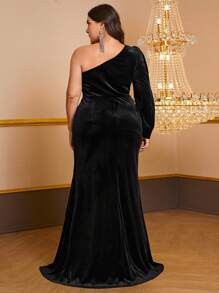 YISIKADO Plus One Shoulder Lantern Sleeve Split Thigh Velvet Prom Dress