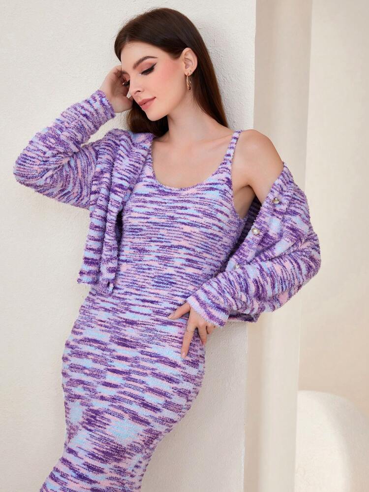 Space Dye Drop Shoulder Cardigan & Sweater Dress 2 Piece Set