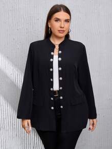 SHEIN Clasi Talla grande Abrigo con botón delantero con diseño de solapa - Negro - Ver 5