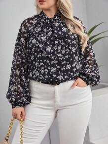 SHEIN Frenchy Plus Floral Print Tie Neck Lantern Sleeve Blouse - Black - View 1