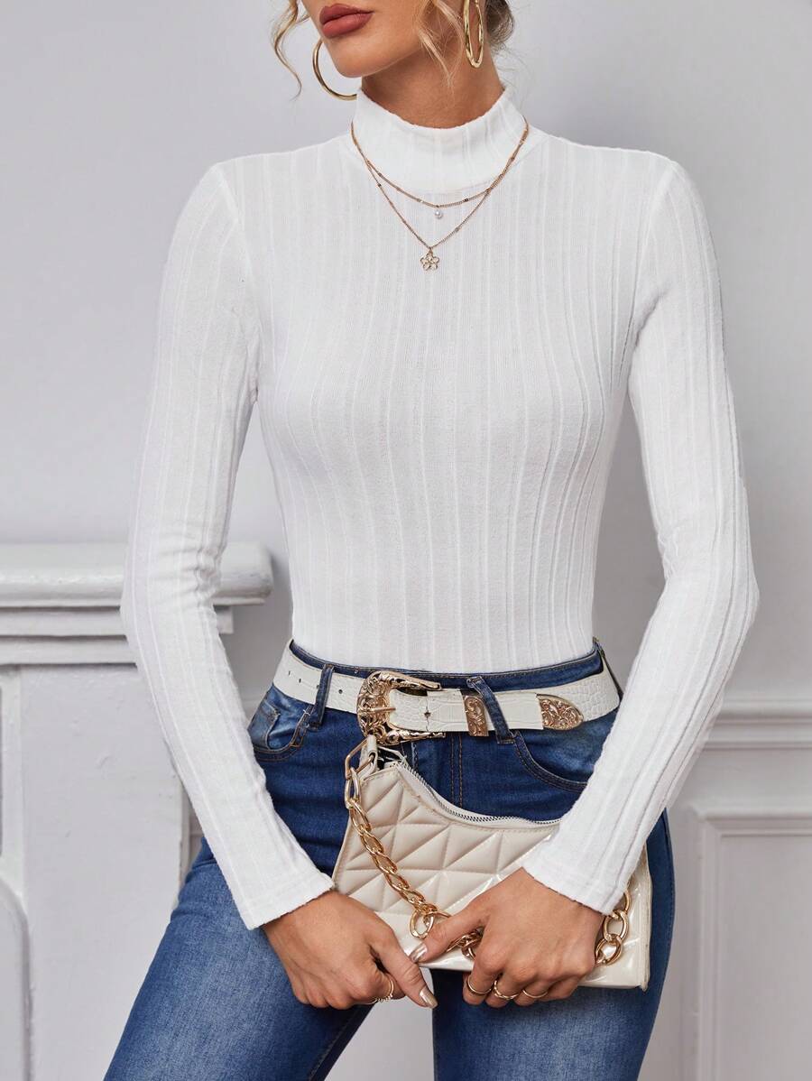 SHEIN Tall Solid Mock Neck Ribbed Knit Tee - White - View 1