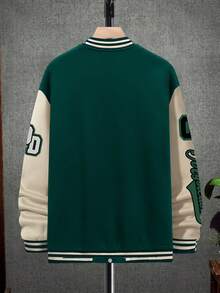 Manfinity Men Slogan & Figure Graphic Striped Trim Colorblock Varsity Jacket - Multicolor - View 3