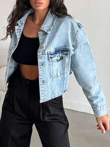 RueChic Drop Shoulder Crop Denim Jacket - Light Wash - View 5