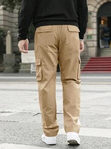 Manfinity Homme Men's Casual Letter Patched Detail Flap Pocket Cargo Pants With Drawstring Waist - Khaki - View 2