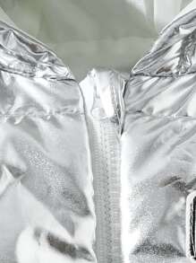 Baby Boy Letter Patched Detail Hooded Padded Coat - Silver - View 3