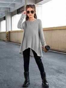 SHEIN Cô gái Tween Chất rắn Hem cao thấp Áo thun - Màu Xám nhạt - Xem 3