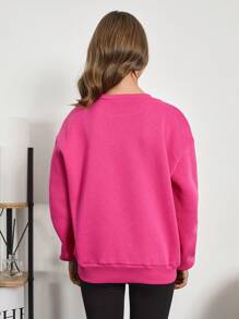 RueChic Teen Girl Letter & Cartoon Graphic Drop Shoulder Pullover - Hot Pink - View 2