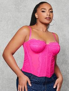 SHEIN BAE Hơn Mảnh Lace Áo yếm ôm sát ngực - Màu Hồng Tươi - Xem 5