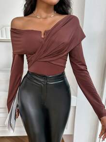 SHEIN Privé 一字肩交叉圍裹連體衣 - 杏色 - 查看 6