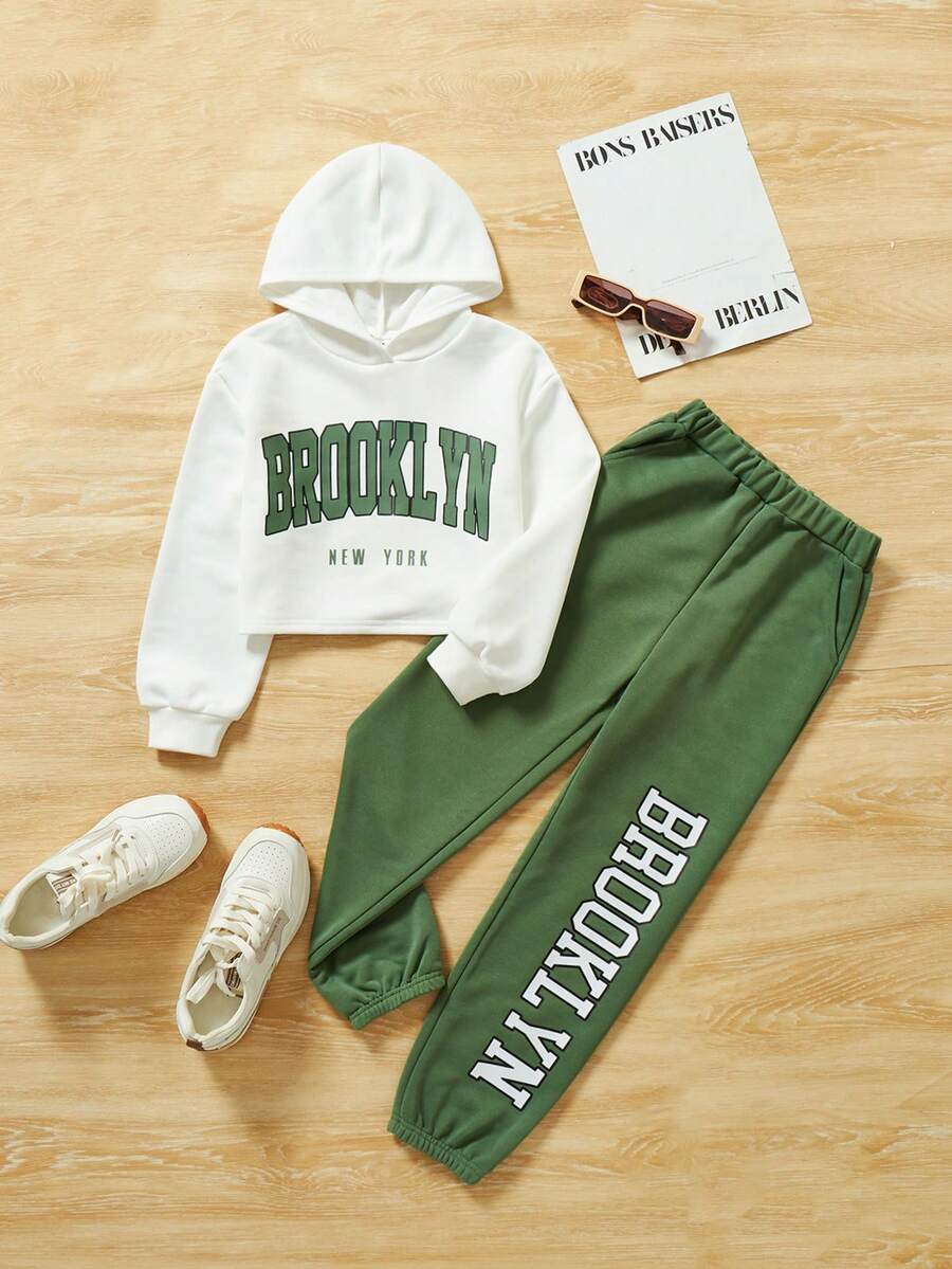 SHEIN Cô gái Tween Đồ họa Chữ cái Áo Hoodie & Quần thể thao - Màu xanh Bạc hà - Xem 1
