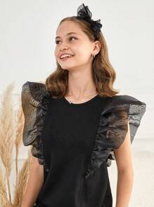 RueChic Teen Girl Contrast Mesh Ruffle Trim Dress - Black - View 4