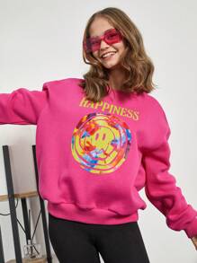 RueChic Teen Girl Letter & Cartoon Graphic Drop Shoulder Pullover - Hot Pink - View 4