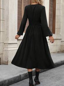 SHEIN Clasi Surplice Neck Lantern Sleeve Ruched Waistband Waist Dress - Black - View 2
