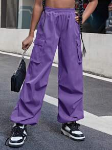 SHEIN 十幾歲女孩休閒實色斜紋運動褲，帶束口褶邊踝和帶蓋口口袋 - 紫色 - 查看 5