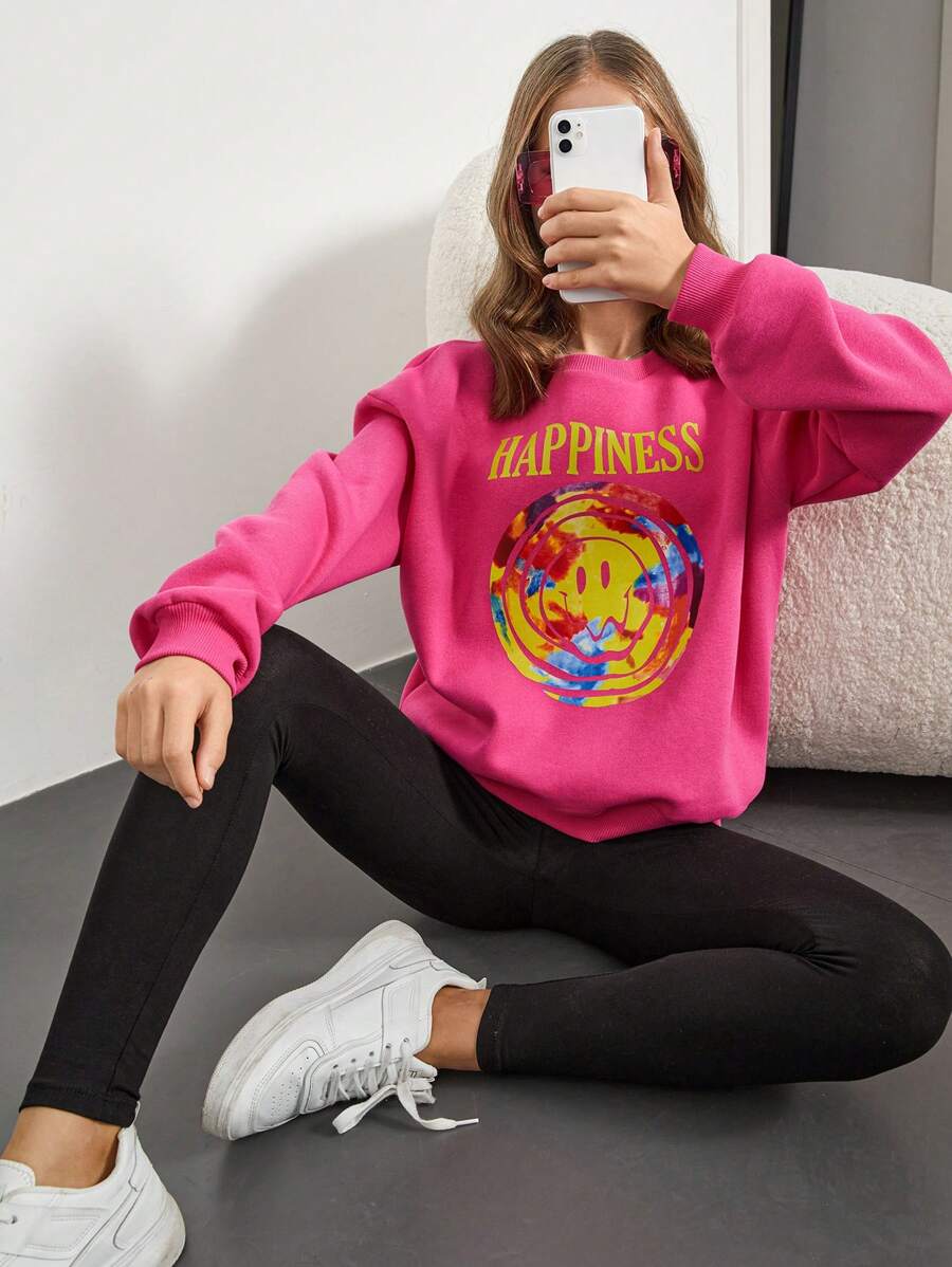 RueChic Teen Girl Letter & Cartoon Graphic Drop Shoulder Pullover - Hot Pink - View 1