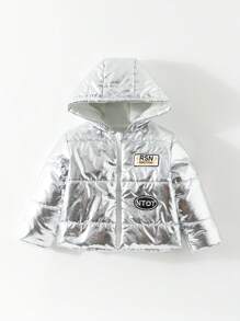 Baby Boy Letter Patched Detail Hooded Padded Coat - Silver - View 1