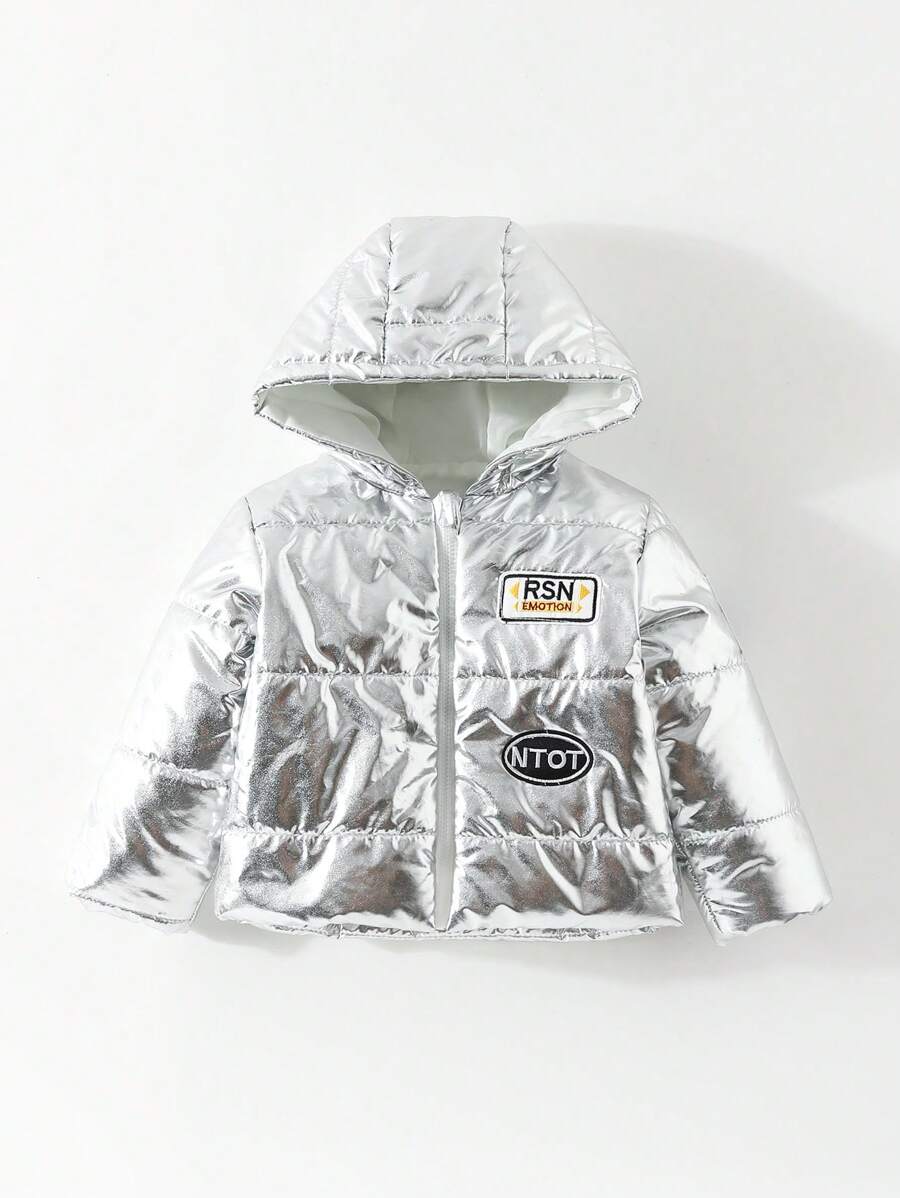 Baby Boy Letter Patched Detail Hooded Padded Coat - Silver - View 1