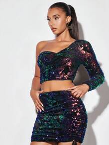 SHEIN BAE Christmas One Shoulder Sequin Crop Tee - Multicolor - View 3