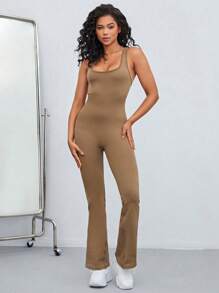 Easithlete Solid Flare Leg Cami Jumpsuit - Coffee Brown - View 4