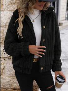 EMERY ROSE Thả vai Nút phía trước Áo Teddy Jackets - màu đen - Xem 4