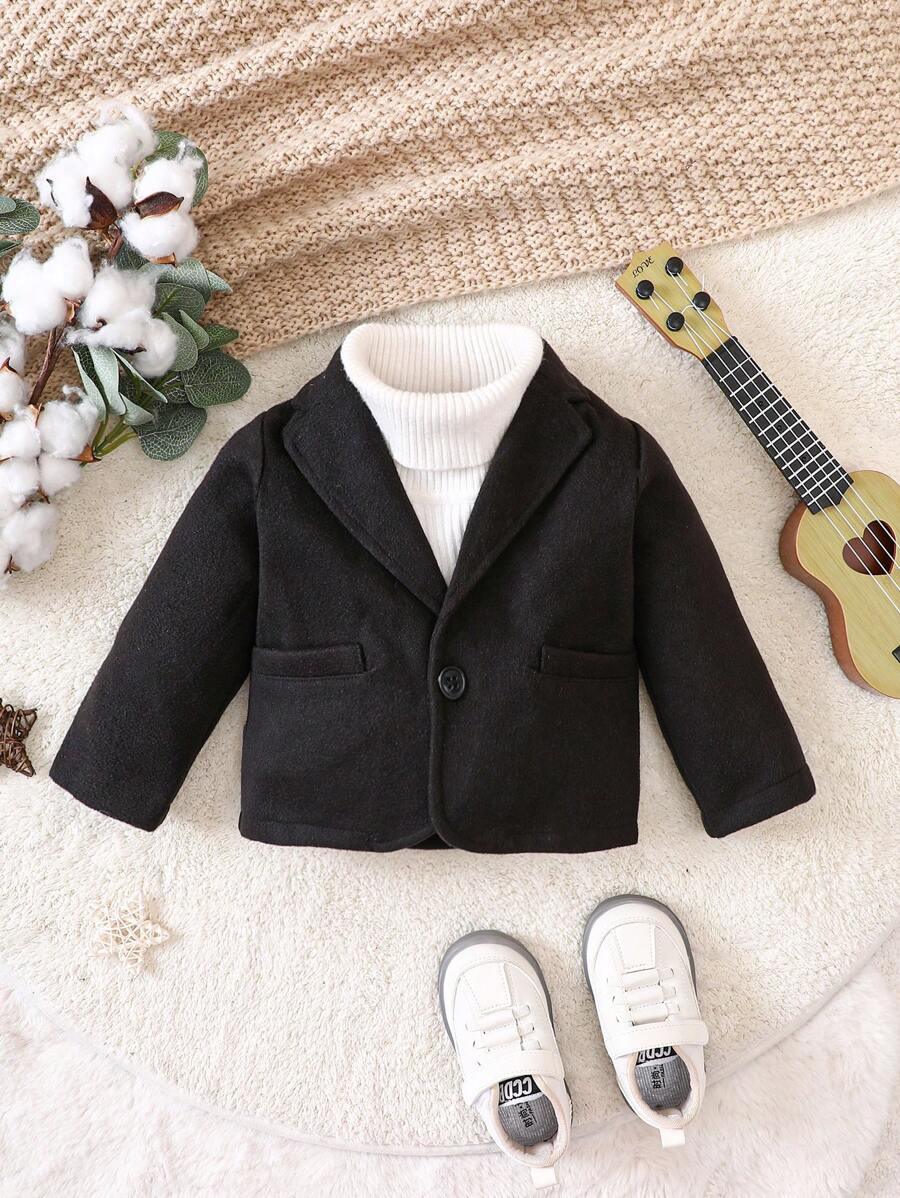 Baby Boy Shawl Collar Single Button Coat Without Sweater - Black - View 1