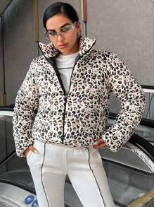 EURMUSE Leopard Print Zip Up Puffer Coat - Multicolor - View 5