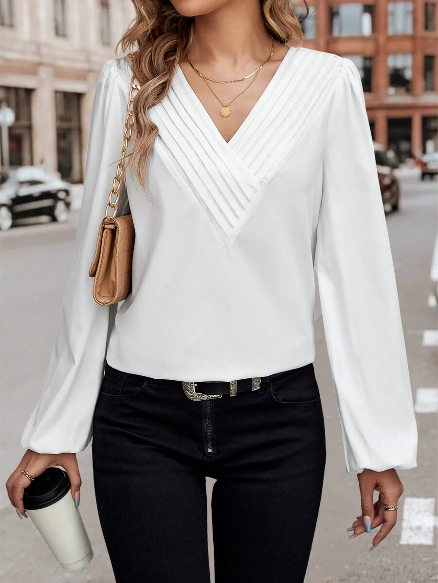 SHEIN LUNE Chất rắn Cổ v Tay áo lồng đèn Áo sơ mi - trắng - Xem 1