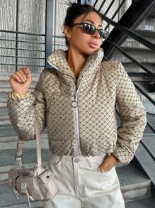 RueChic Allover Print Zip Up Crop Puffer Coat - Beige - View 5