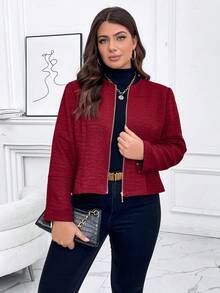 SHEIN Clasi Plus Zip Up Overcoat - Burgundy - View 5