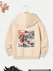 RueChic Tween Boy Japanese Letter & Wave Graphic Hoodie - Apricot - View 1