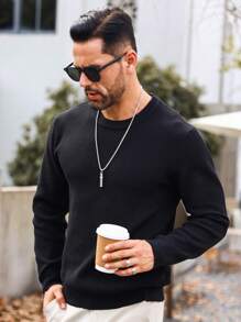 Manfinity Nam Chất rắn Vòng cổ Áo len - màu đen - Xem 1