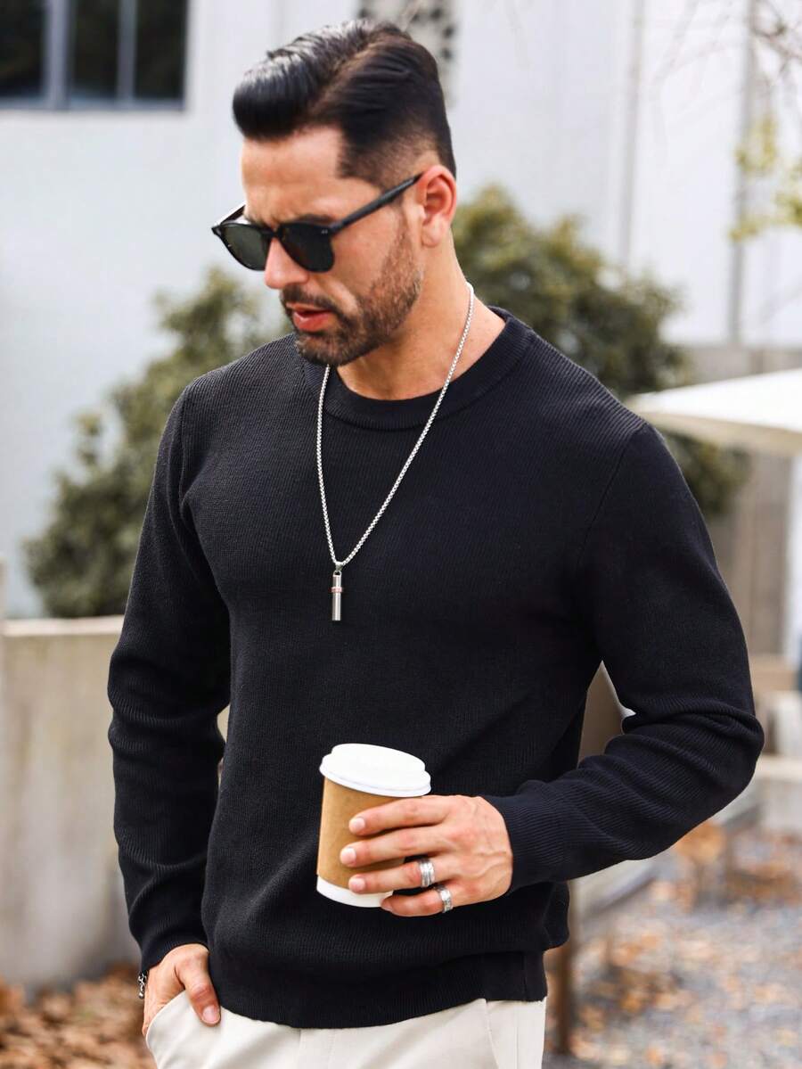 Manfinity Nam Chất rắn Vòng cổ Áo len - màu đen - Xem 1