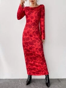 SHEIN Privé Floral Print Flounce Sleeve Bodycon Dress - Red - View 3