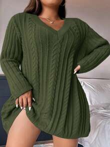 SHEIN CURVE+ Plus Cable Knit Drop Shoulder Sweater Dress - Army Green - View 6