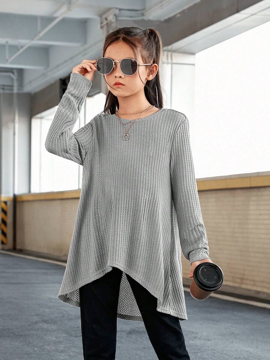 SHEIN Cô gái Tween Chất rắn Hem cao thấp Áo thun - Màu Xám nhạt - Xem 1