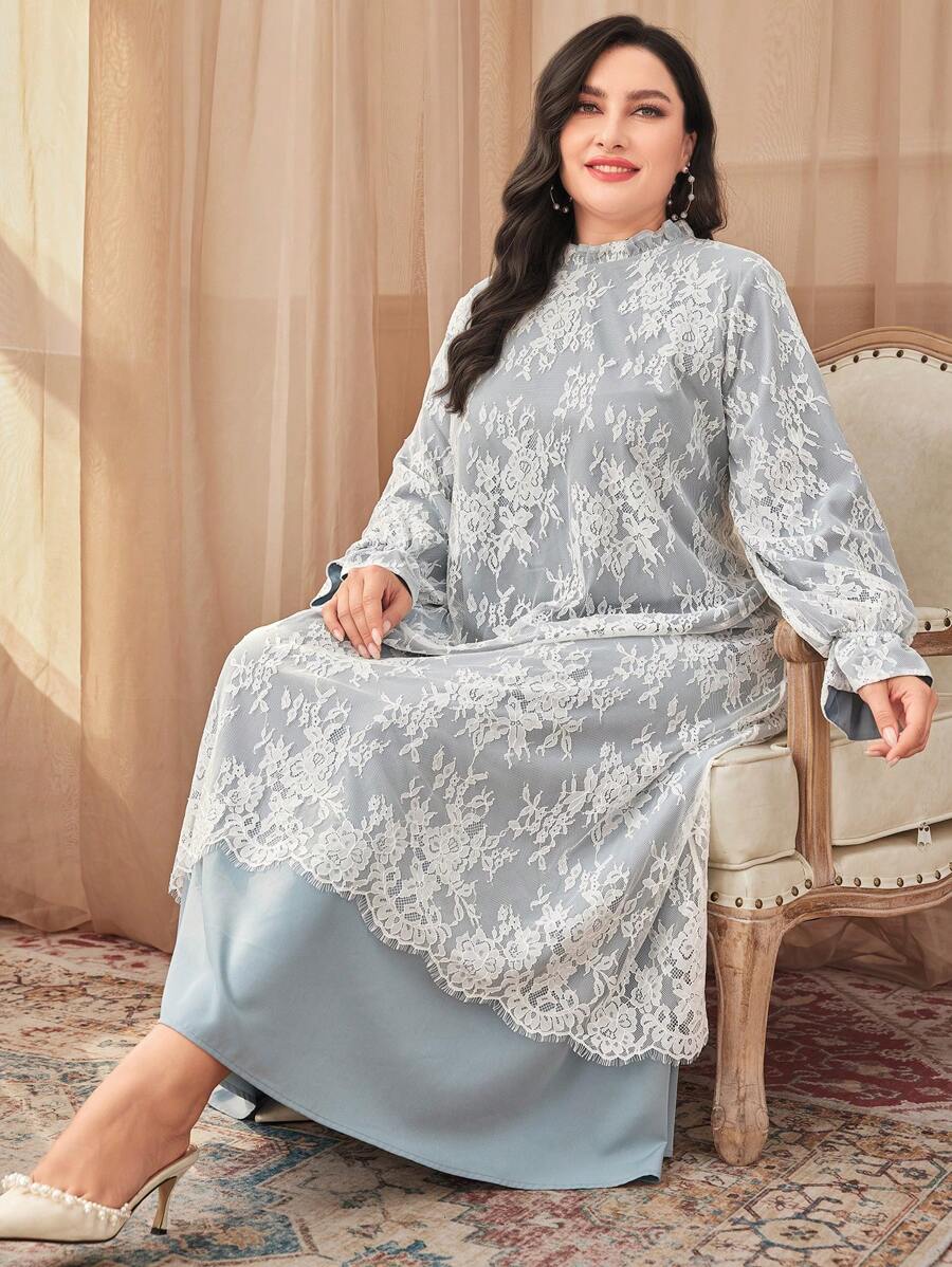 Mulvari Plus Flare Sleeve Eyelash Lace Overlay Dress