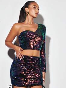 SHEIN BAE Christmas One Shoulder Sequin Crop Tee - Multicolor - View 5