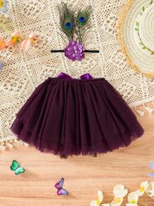 女嬰孔雀羽毛印花網紗半身裙＆ 頭巾 - 彩色 - 查看 2