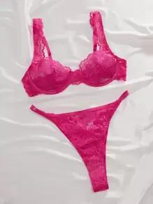 Lencería compuesta por sostén con aro con adorno de encaje floral y tanga - Rosa Fucsia - Ver 4