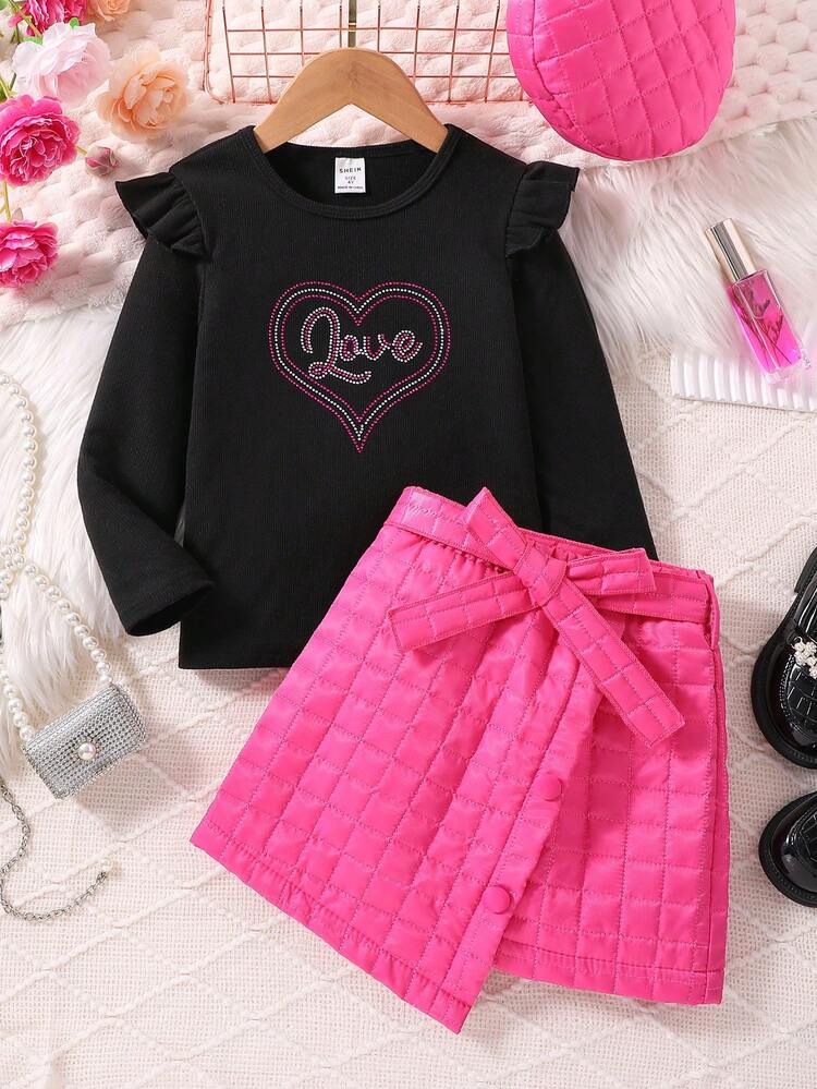 Young Girl Rhinestone Letter and Heart Beaded Tee and Quilted Skirt & Hat